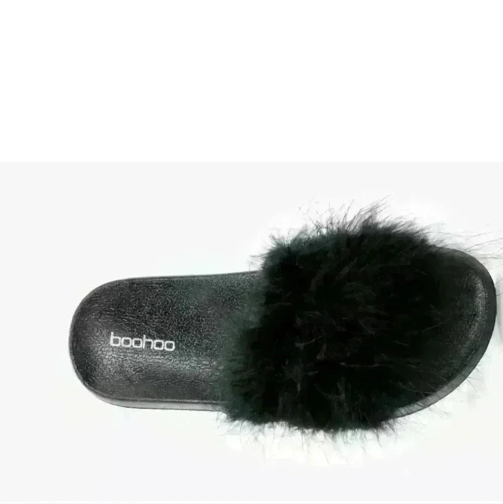 NEW NIB Boohoo Women's Annabelle Black Feather Slider Sz 6 $36 - Picture 2 of 2